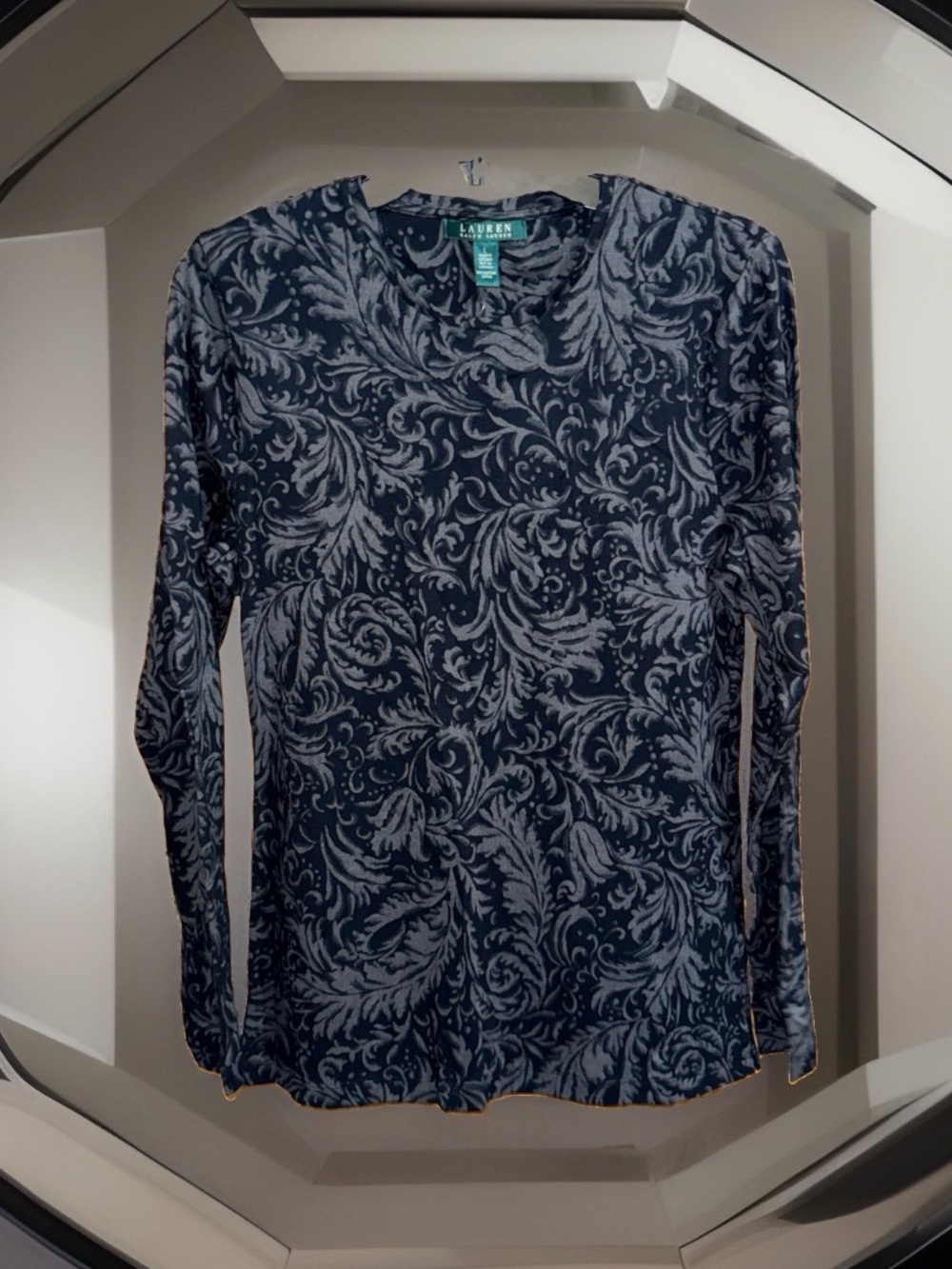 NWT Lauren Ralph Lauren Women’s Black & Gray Floral-Print Long Sleeve Knit Top-L